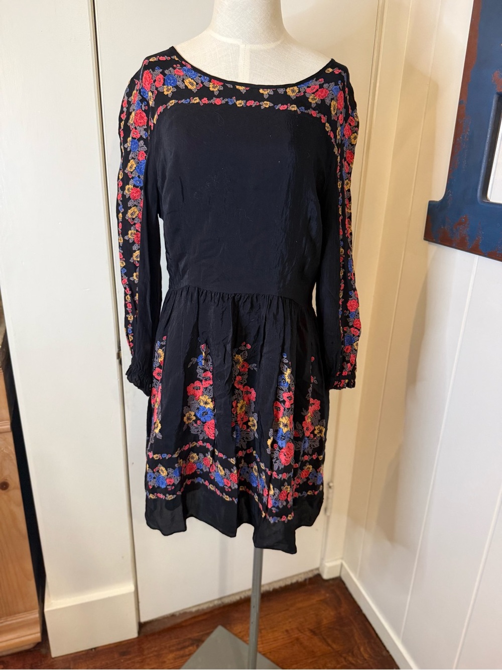 Free People Black Floral Long Sleeve Mini  Dress  Sz 12